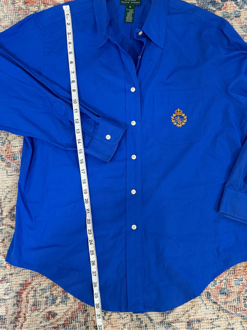 Lauren Ralph Lauren Shirt 16 Royal Blue Cotton Crest Button Down Gold Logo Plus - Picture 5 of 8